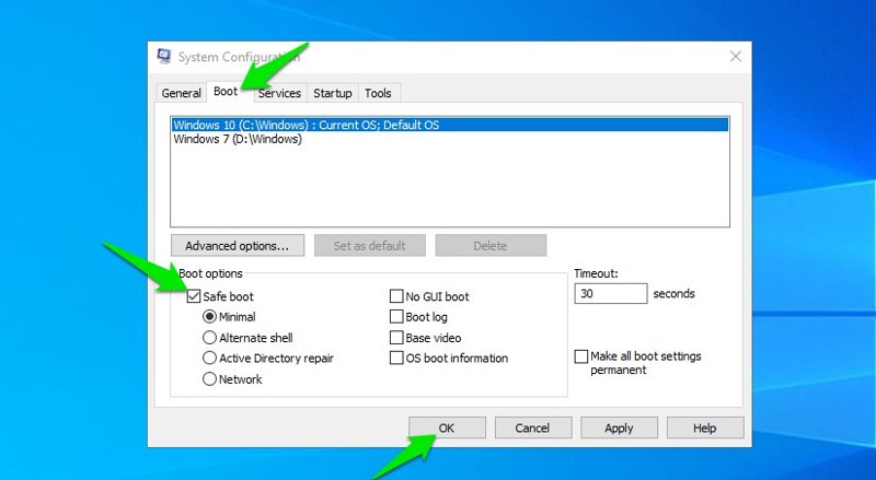 Enable safe mode from msconfig