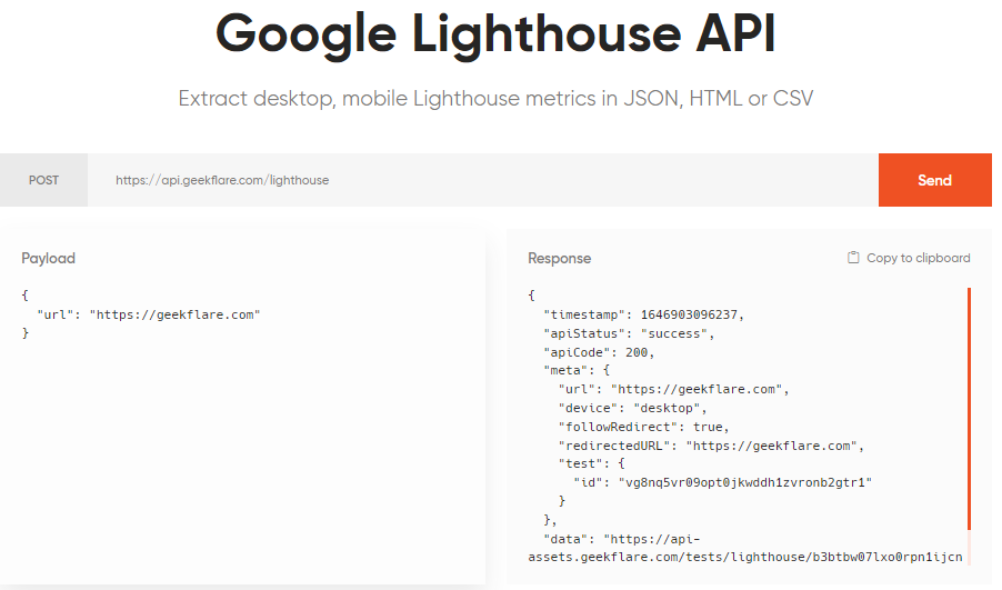 geekflare lighthouse api