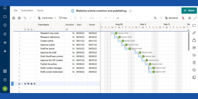 A project with Gantt chart