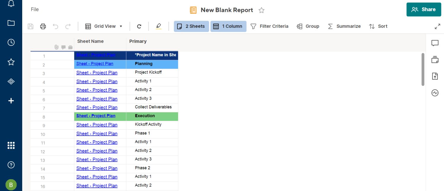 An example of a row report on Smartsheet