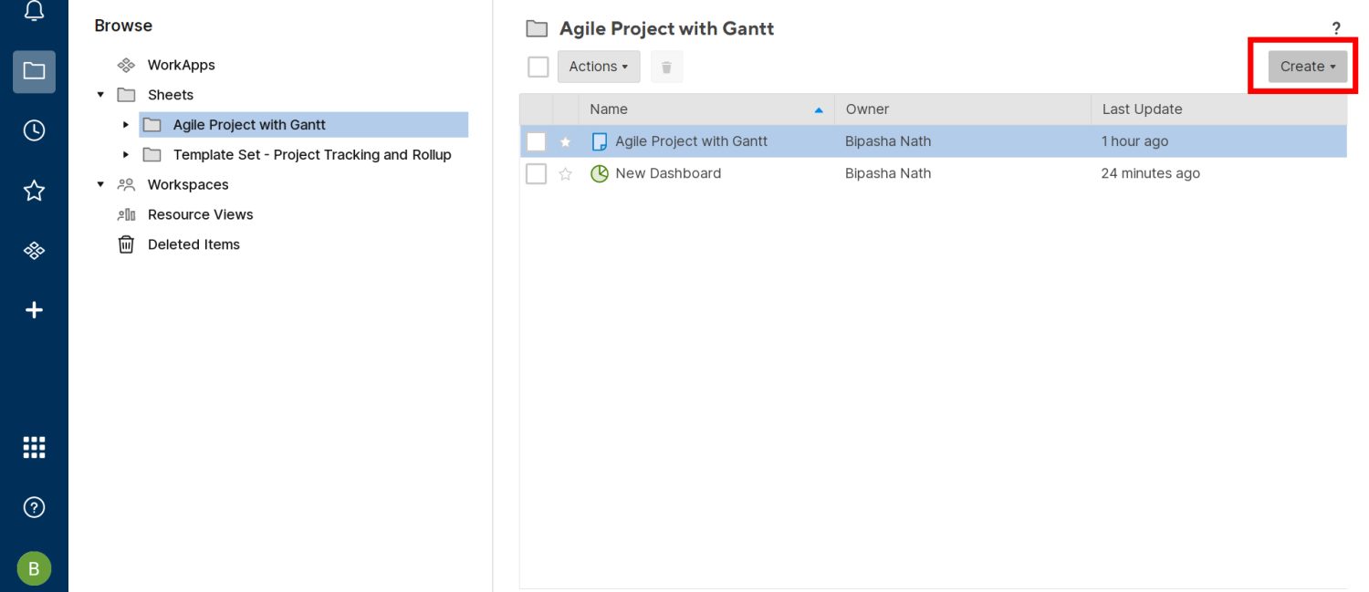 Location of create menu of smartsheet