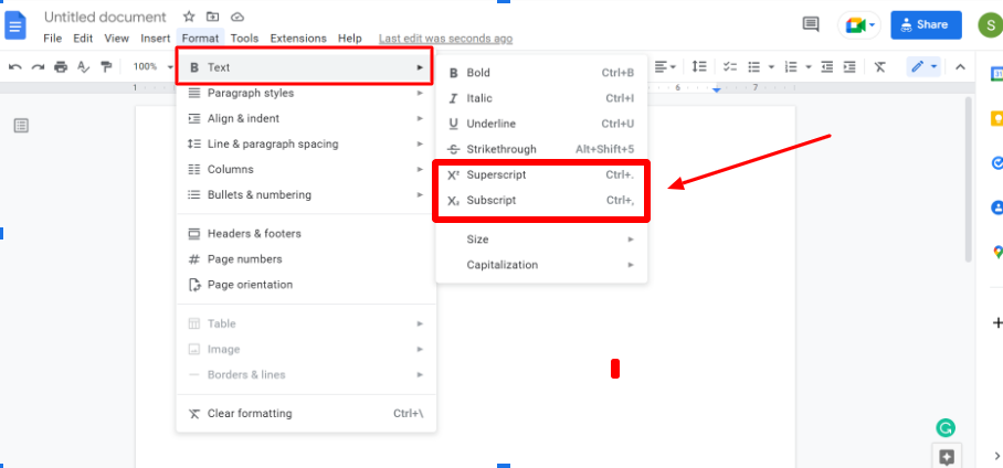 Superscript in Google Docs using Format Menu