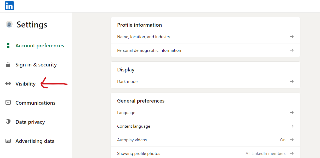 Visibility options LinkedIn