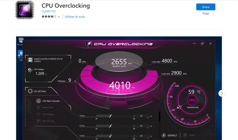 A screenshot of the cpu overclocking app.