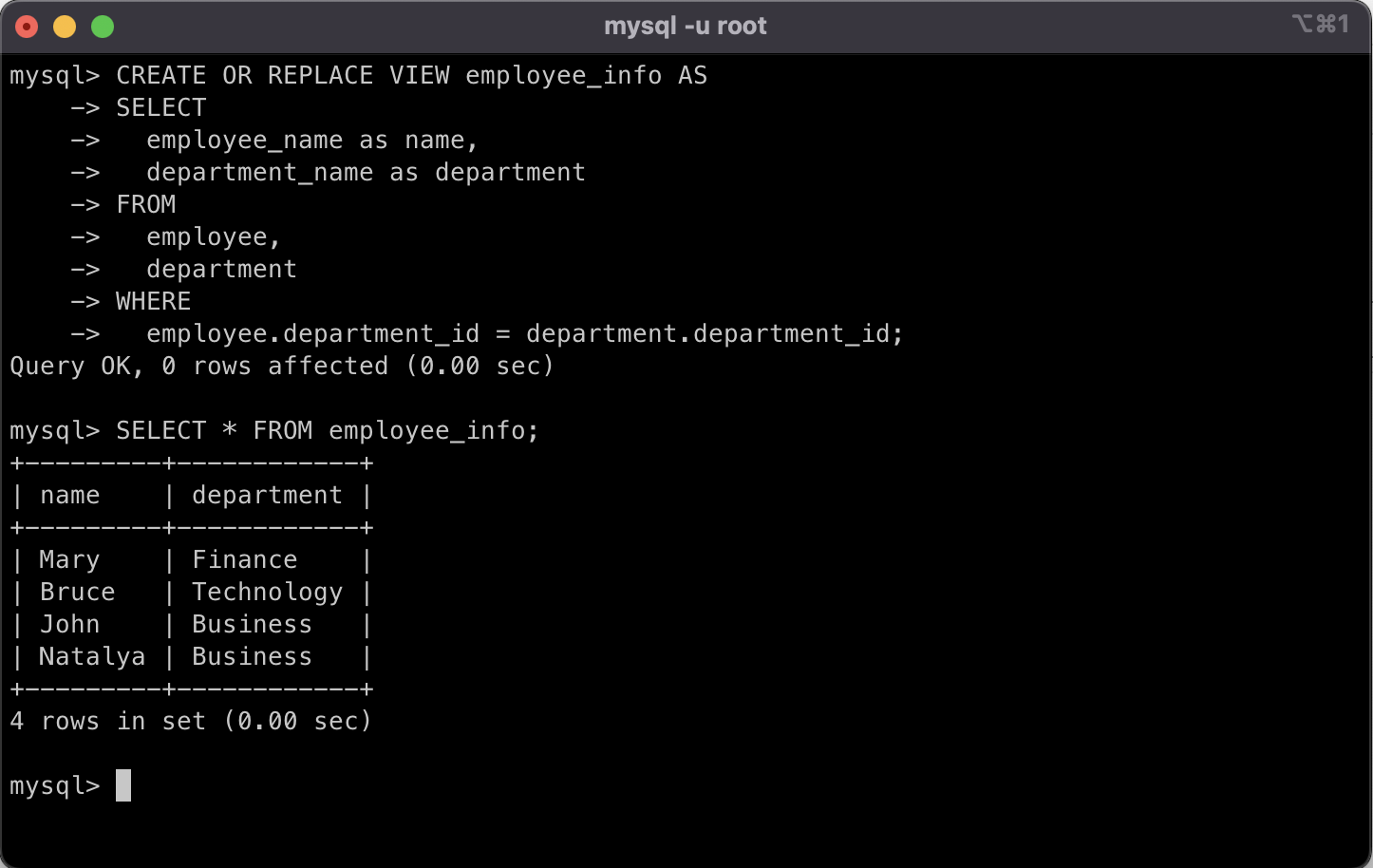 MySQL command line showing the CREATE OR REPLACE VIEW command and the output of its query.