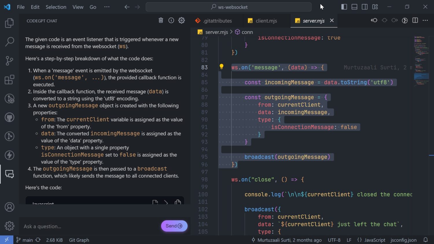 chatgpt explaining code using codegpt vscode extension