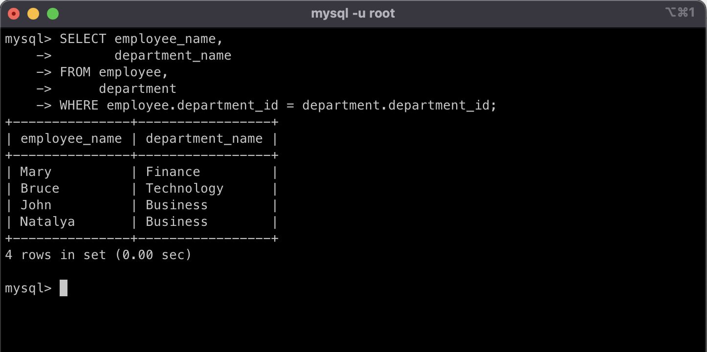 MySQL command line showing the query output of a SELECT statement.