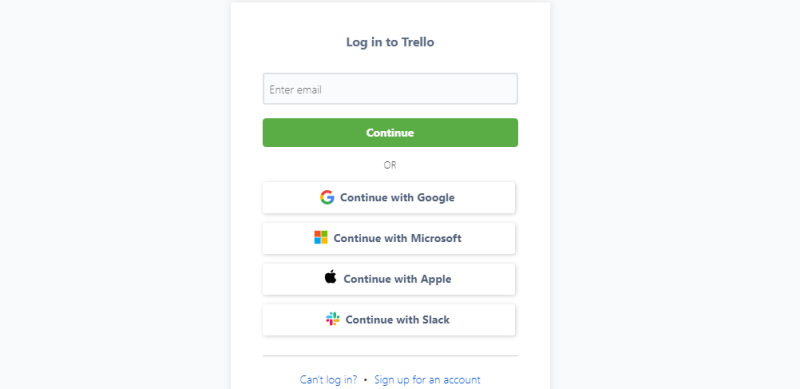 A login page to Trello with a number of different buttons.