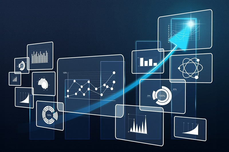 An image of a business dashboard with graphs and icons.