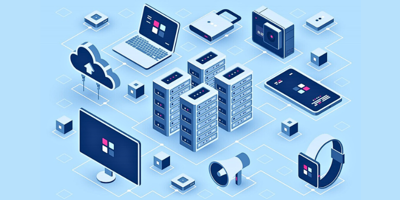 An isometric image of a computer, phone, tablet, and other devices.