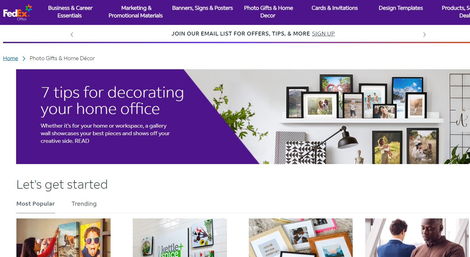 The homepage of fedex home office featuring a photo printing service.