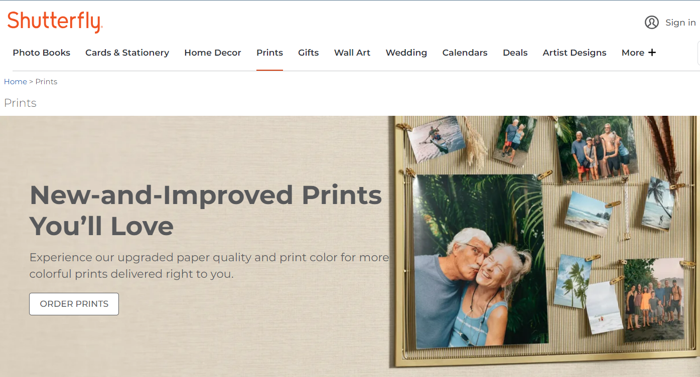 A photo of a couple on the Shutterfly photo printing service website.