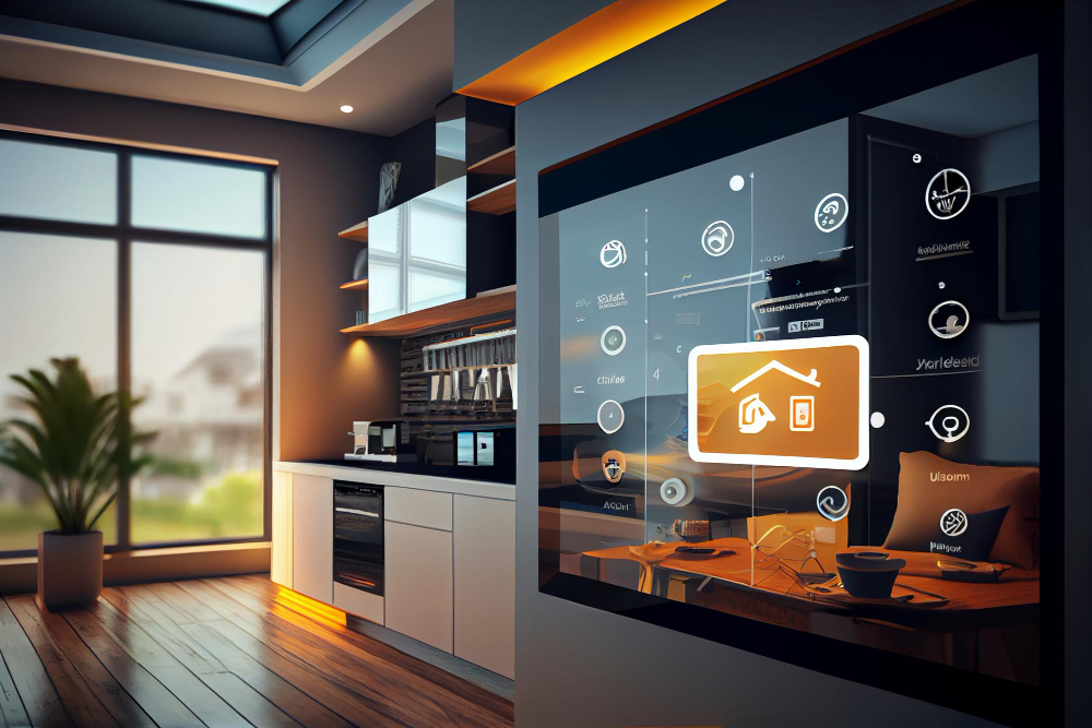 A kitchen with a smart home device on the wall.