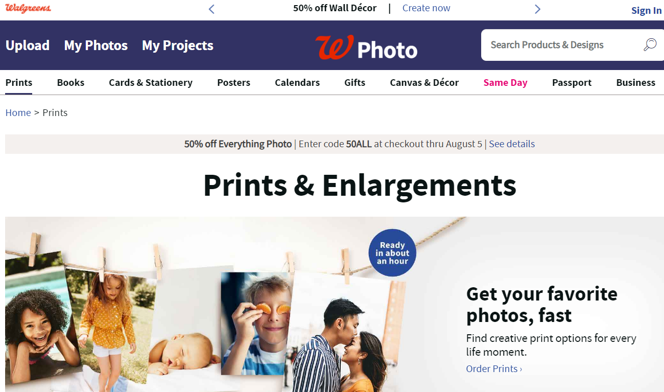 Walgreen's website showcasing a photo printing service, featuring a photographic image of a couple.