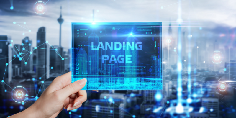 A person holding up a landing page in front of a city background for ai landing page generators