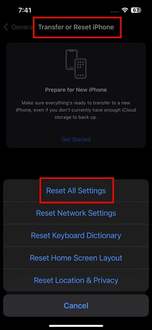 Reset all settings