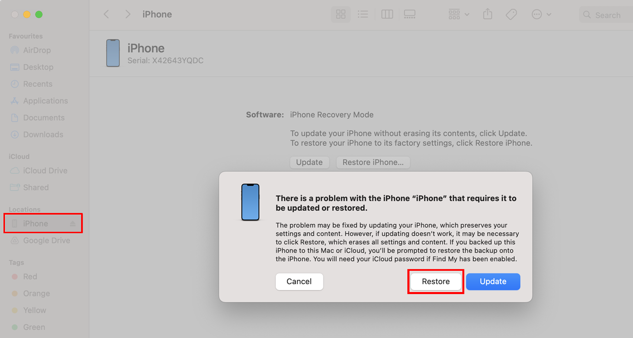 Restore iPhone on Finder