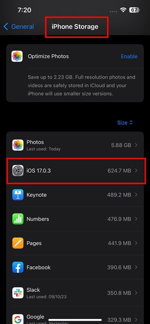 iOS storage settings