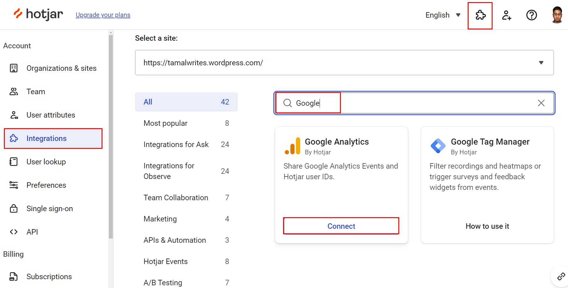 Hotjar GA integration card