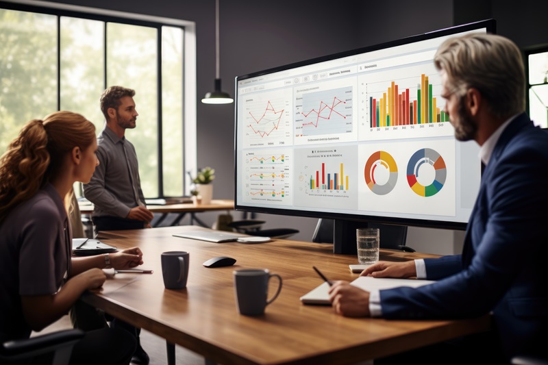 Businesswoman and businessmen discussing strategies on a digital whiteboard in conferrence room.