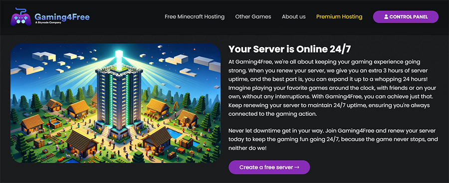 Gaming4Free's homepage illustrating a large building with a bright beacon on top of it near promises of user servers being online 24/7.