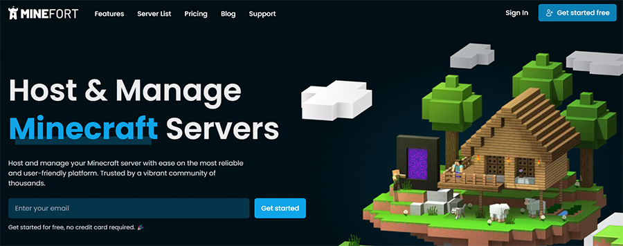 Minefort's homepage depicting a Minecraft house made of wood next to a nether portal alongside the text 