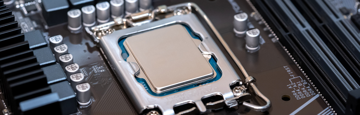 A close-up of an overclocked CPU on a motherboard.