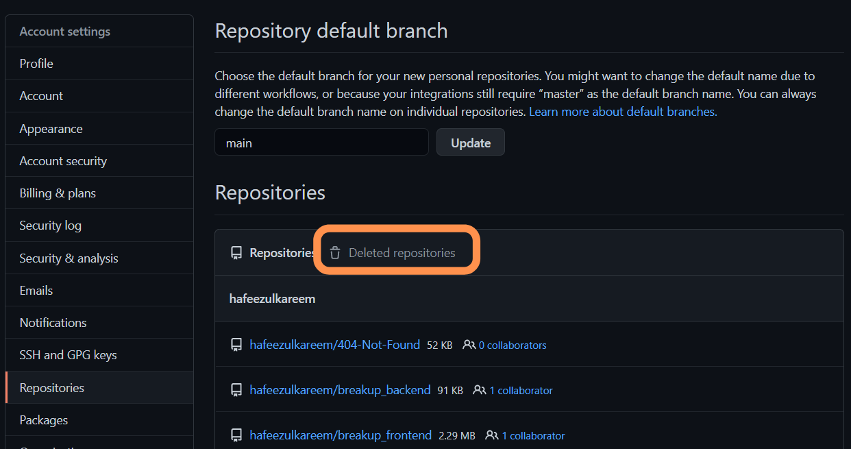 Deleted Repositories Button