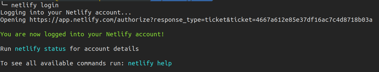 Netlify CLI Authorize Success