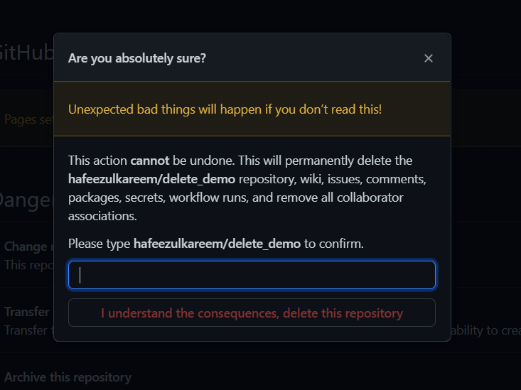 Delete Repository Confirmation with Warning Message