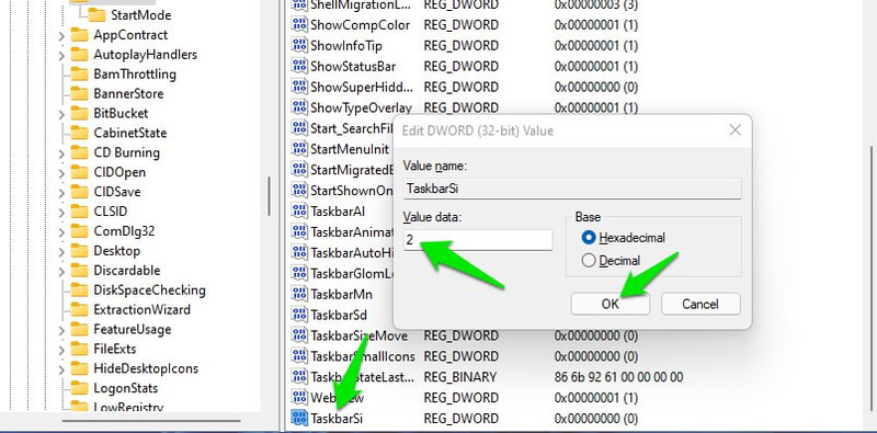 Registry hack to change taskbar size