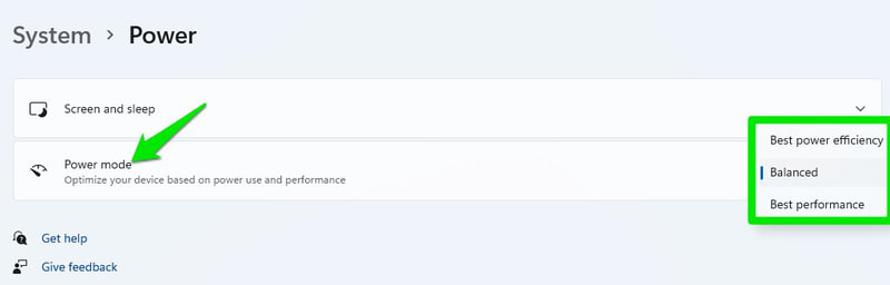 Choose power mode in Windows 11