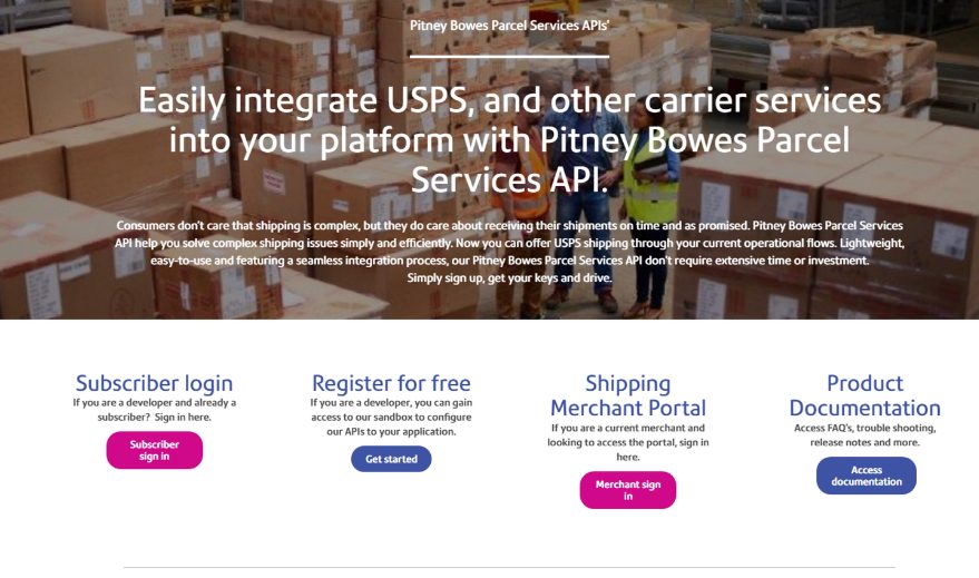 The website view of Pitney Bowes Shipping API