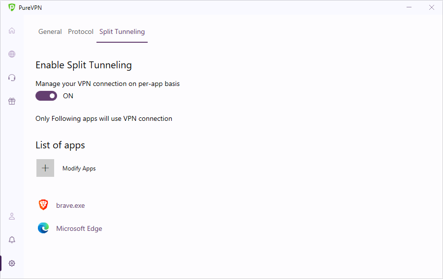 split tunneling pureVPN