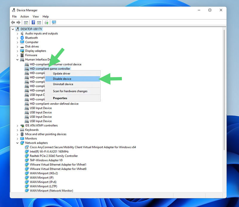 Disabling HID-Compliant Game Controller in Device manager