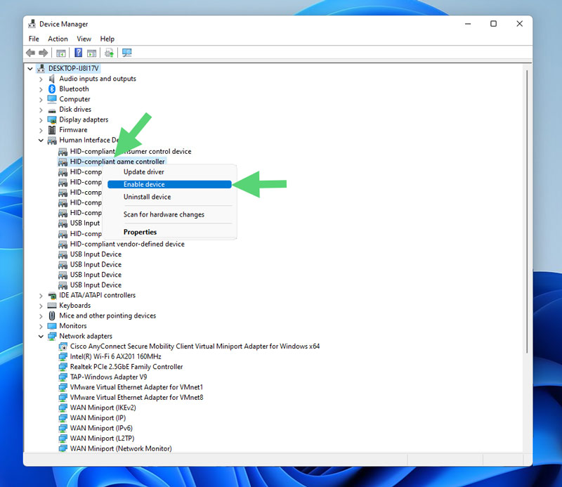 Enabling HID Compliant Game Controller in Device manager