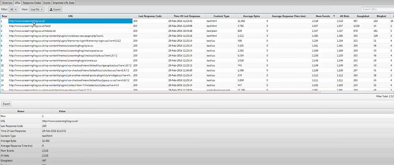 Screaming frog report for log file analysis