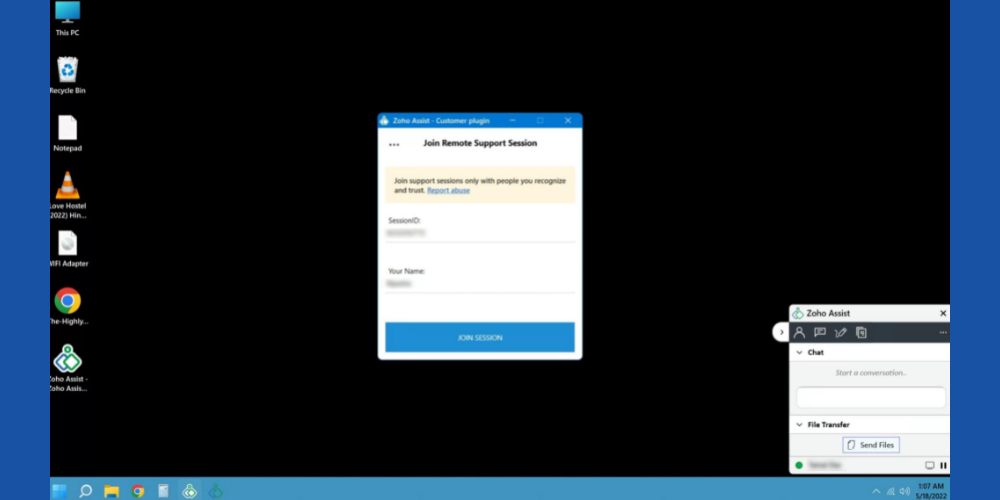Customer's side view of remote session for remote support software Zoho Assist 