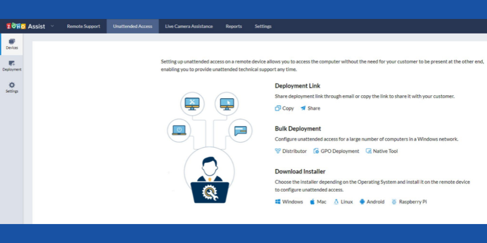 Unattended support interface for remote desktop software Zoho Assist