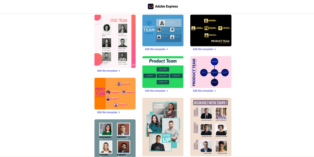 Various organizational chart examples from Adobe Express