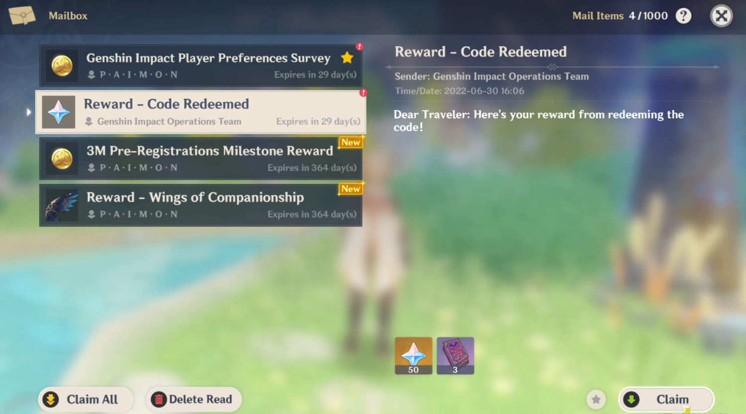genshin impact code in mailbox