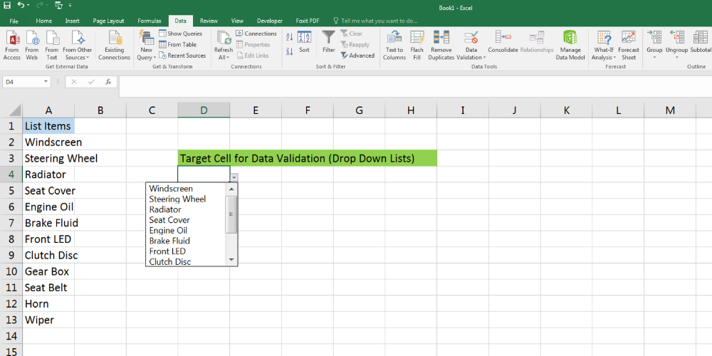 A finished Excel drop down list