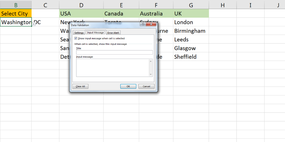 Excel Data Validation Input Message