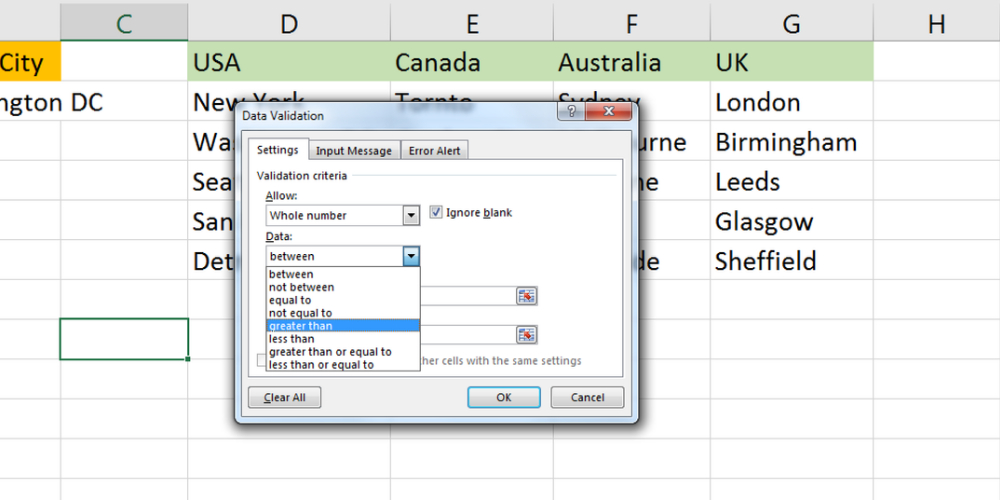 Excel Data Validation Settings 2