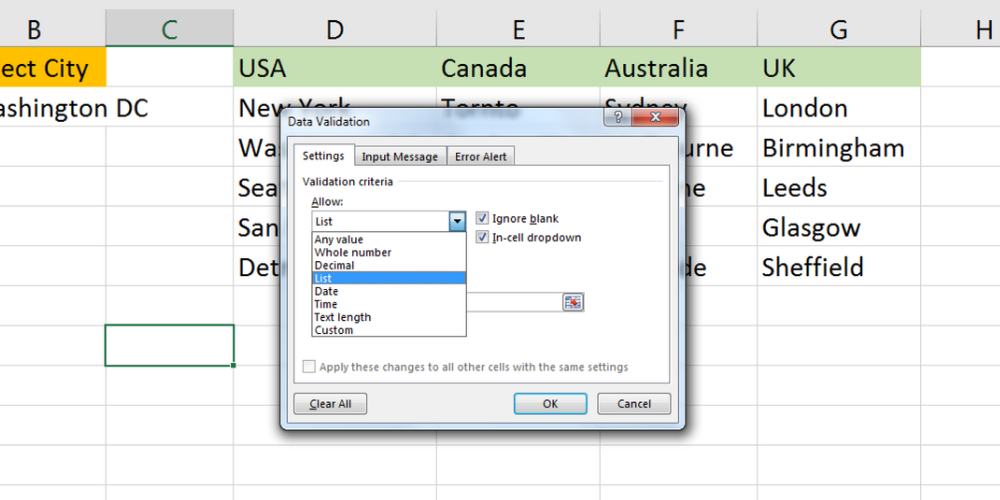 Excel Data Validation Settings