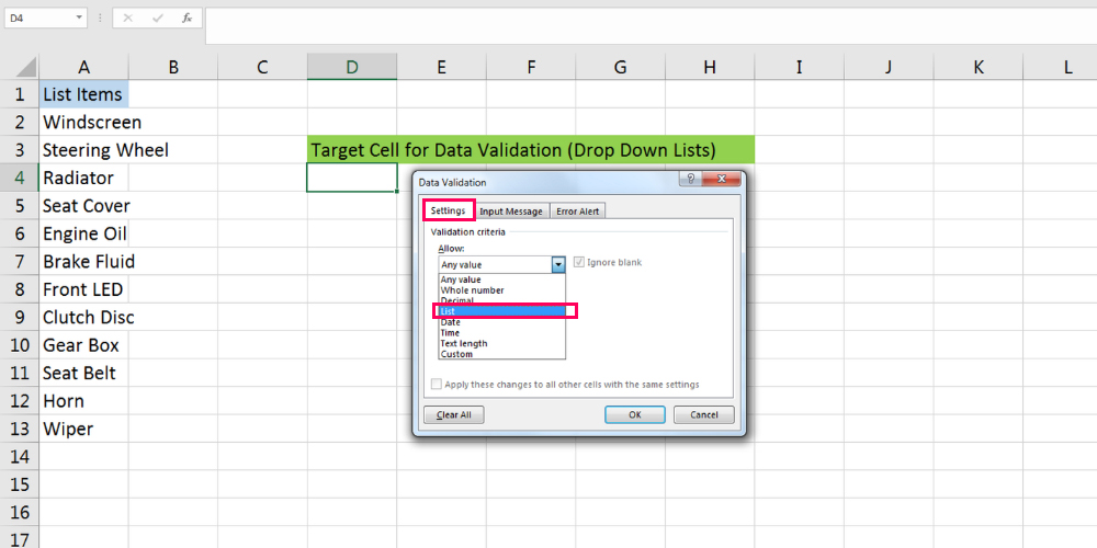 Selecting List validation criteria