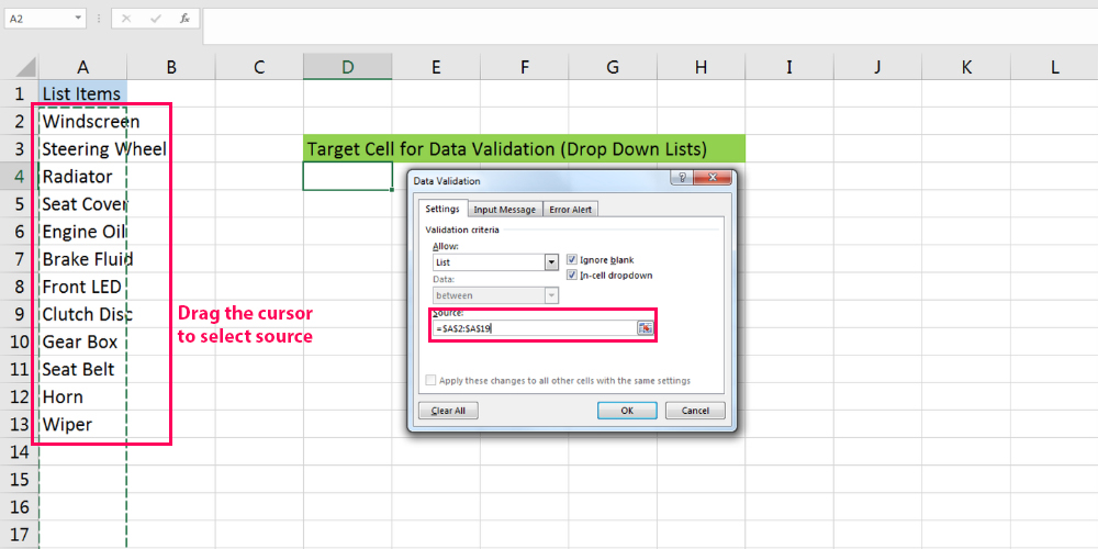 Selecting a source range for the Excel drop down list