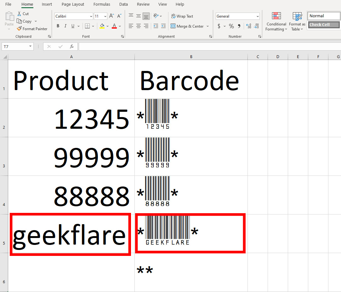 Displaying example of Excel barcodes