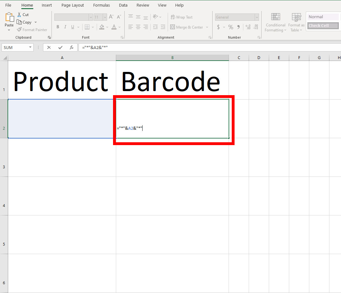 Entering the barcode conversion formula in the cell B2