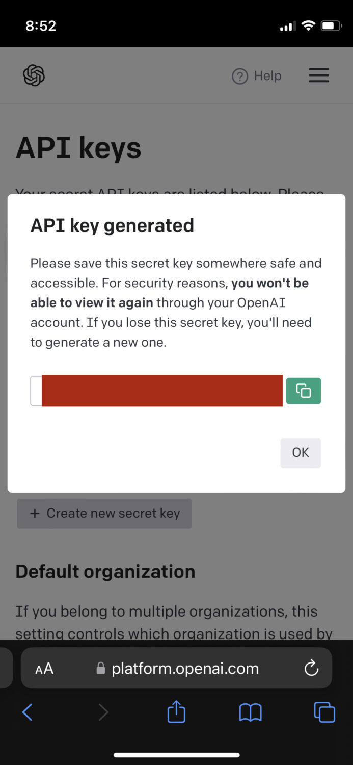 API key generated